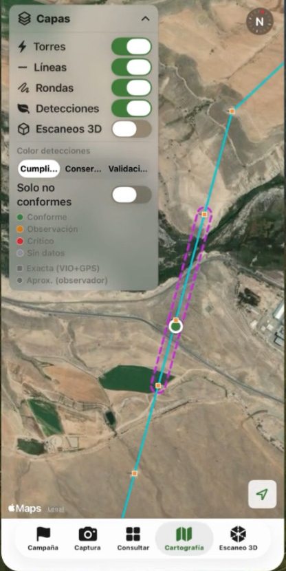 Cartografía en terreno con torres, líneas y detecciones