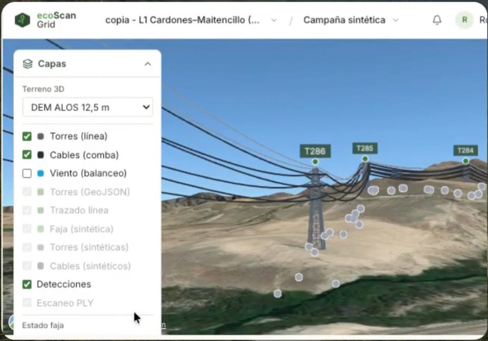 Cartografía 3D con terreno DEM, torres y cables